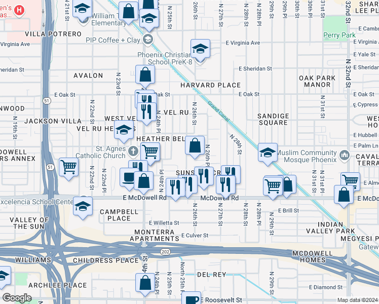 map of restaurants, bars, coffee shops, grocery stores, and more near 1923 North 25th Place in Phoenix