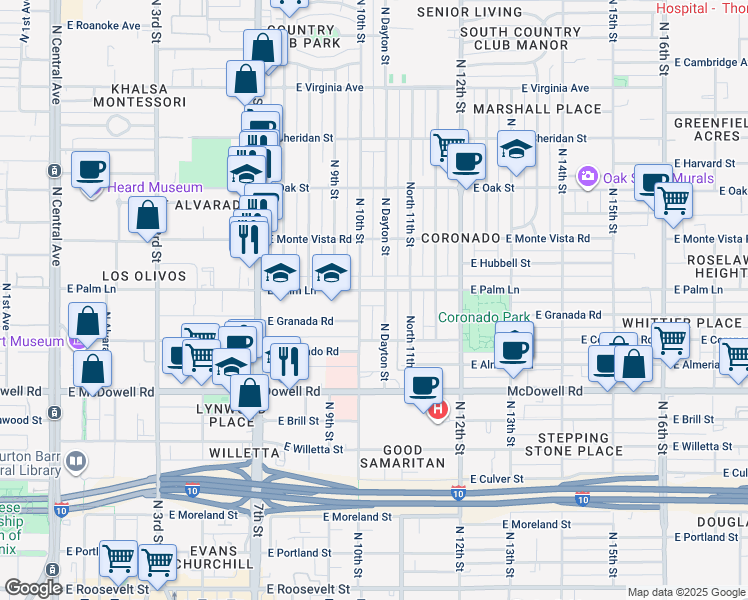 map of restaurants, bars, coffee shops, grocery stores, and more near 1002 East Palm Lane in Phoenix