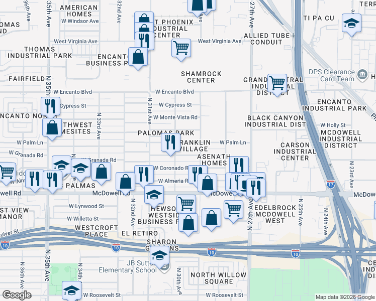 map of restaurants, bars, coffee shops, grocery stores, and more near 2915 West Palm Lane in Phoenix