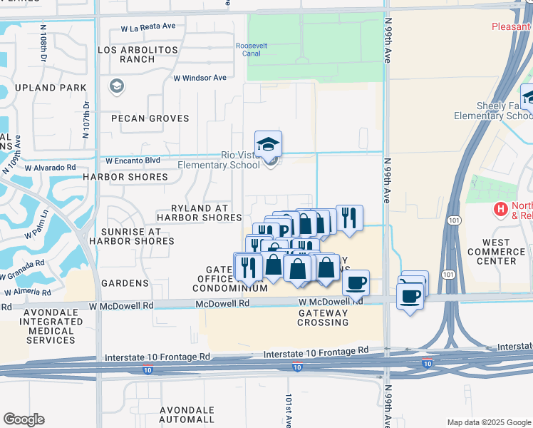 map of restaurants, bars, coffee shops, grocery stores, and more near 2005 North 103rd Avenue in Avondale