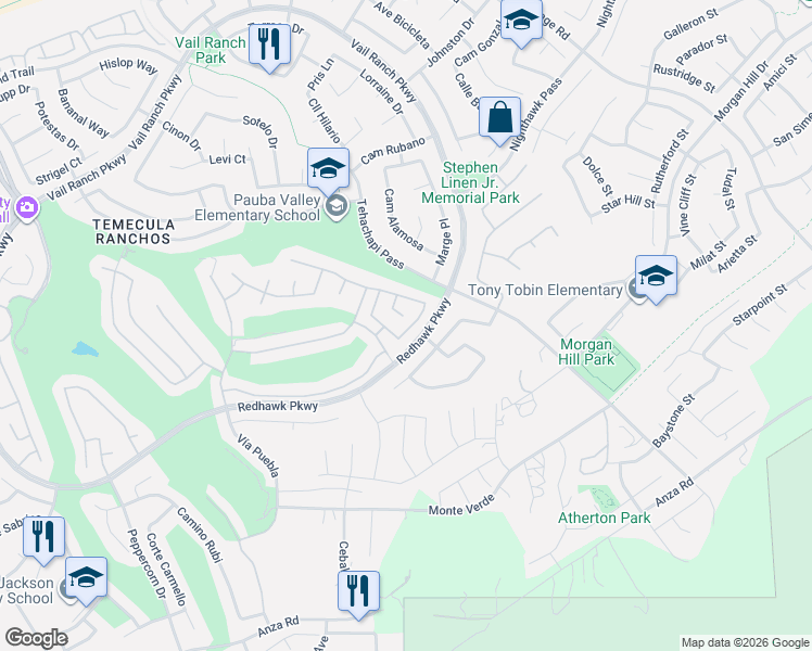 map of restaurants, bars, coffee shops, grocery stores, and more near 45289 Escalon Street in Temecula