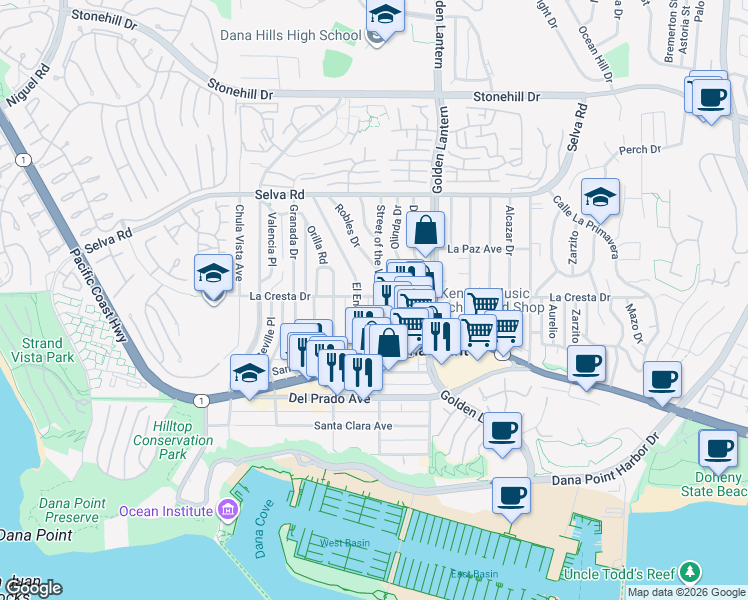 map of restaurants, bars, coffee shops, grocery stores, and more near 33961 Street of the Violet Lantern in Dana Point