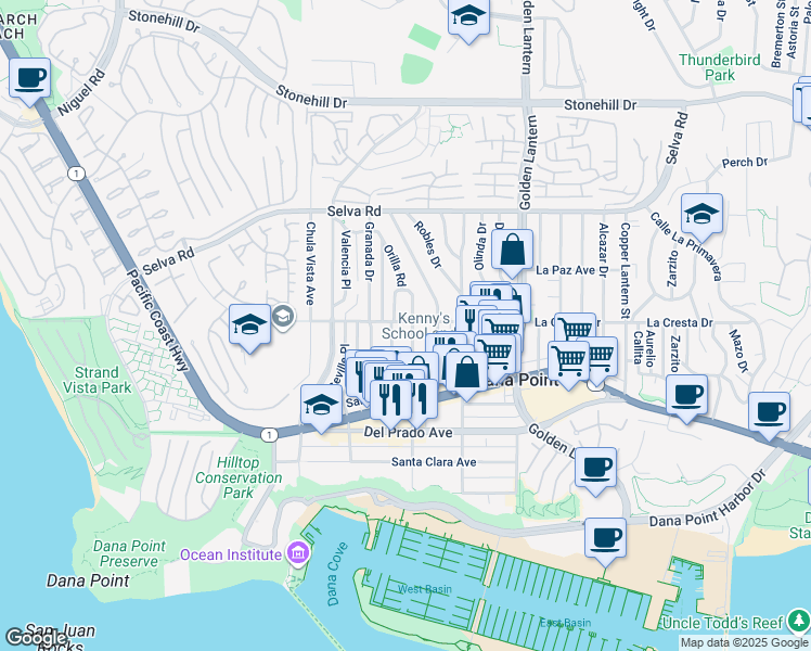 map of restaurants, bars, coffee shops, grocery stores, and more near in MONARCH BAY