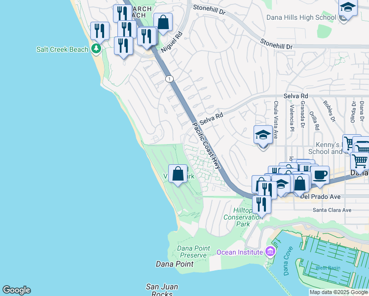 map of restaurants, bars, coffee shops, grocery stores, and more near 3 Chelsea Pointe in Dana Point