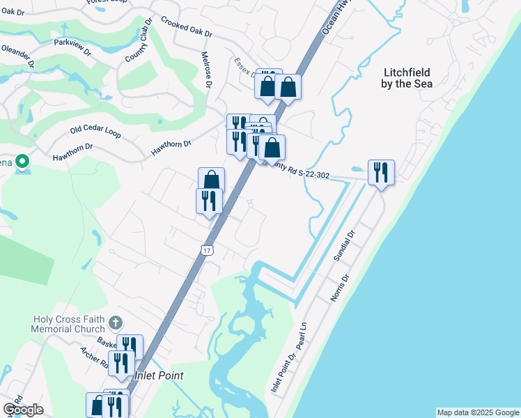 map of restaurants, bars, coffee shops, grocery stores, and more near 2556 Ocean Highway in Pawleys Island