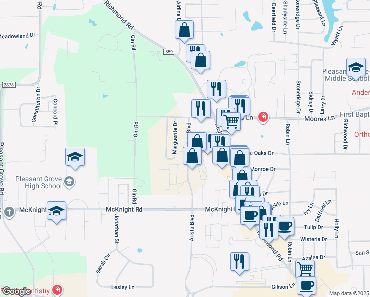 map of restaurants, bars, coffee shops, grocery stores, and more near 4414 Galleria Oaks Drive in Texarkana