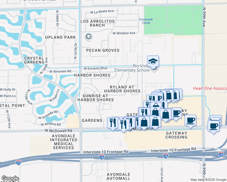 map of restaurants, bars, coffee shops, grocery stores, and more near 1937 North 104th Lane in Avondale