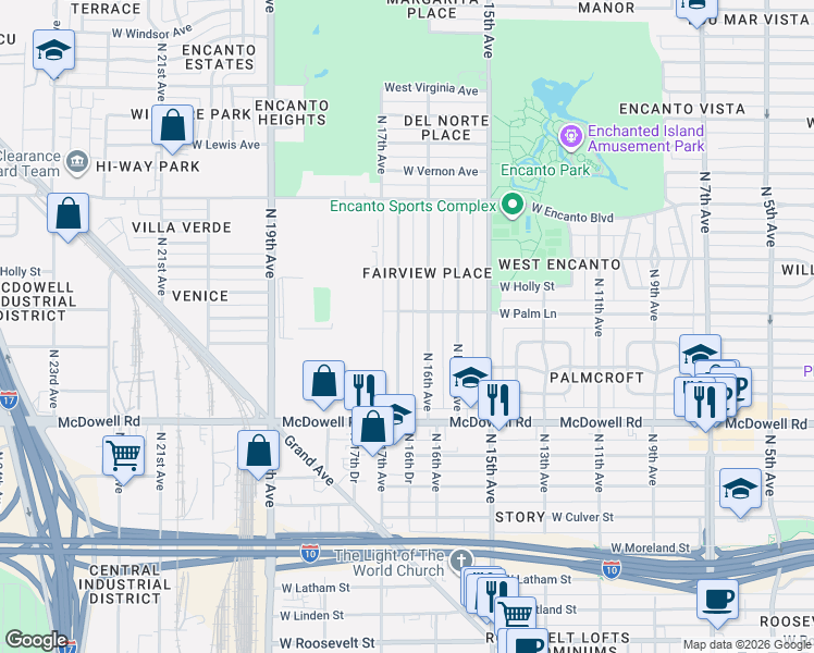 map of restaurants, bars, coffee shops, grocery stores, and more near 1615 North 17th Avenue in Phoenix