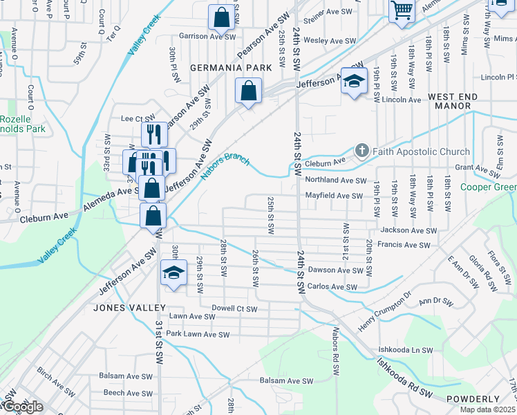 map of restaurants, bars, coffee shops, grocery stores, and more near 2525 Mayfield Avenue Southwest in Birmingham