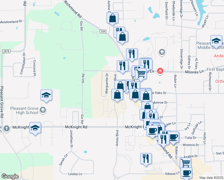 map of restaurants, bars, coffee shops, grocery stores, and more near 3515 Arista Boulevard in Texarkana