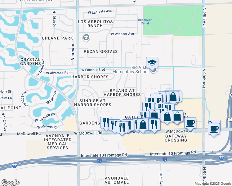 map of restaurants, bars, coffee shops, grocery stores, and more near 10413 West Palm Lane in Avondale