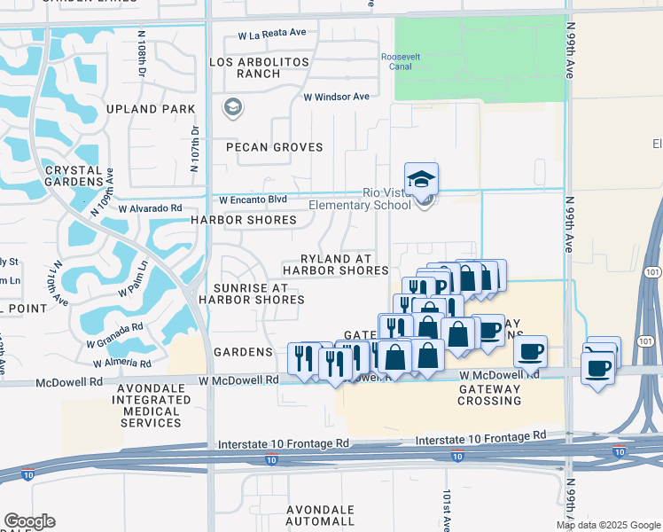 map of restaurants, bars, coffee shops, grocery stores, and more near 10413 West Palm Lane in Avondale