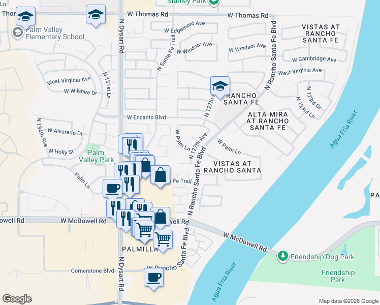 map of restaurants, bars, coffee shops, grocery stores, and more near 12726 West Palm Lane in Avondale