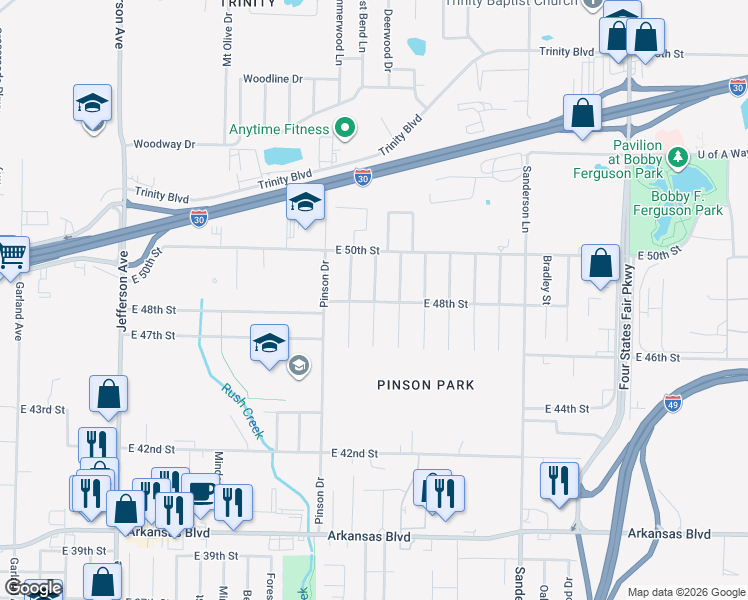 map of restaurants, bars, coffee shops, grocery stores, and more near 4805 Ridgeway Drive in Texarkana