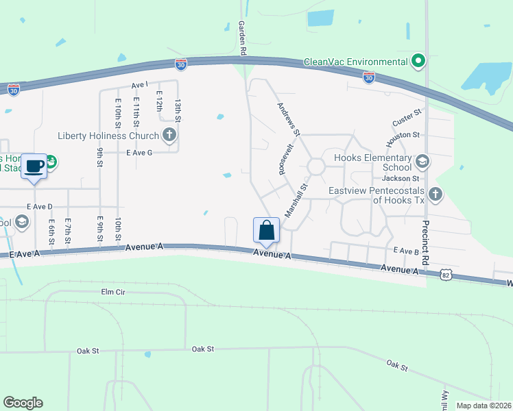 map of restaurants, bars, coffee shops, grocery stores, and more near 118 Garden Road in Hooks