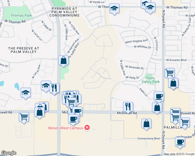 map of restaurants, bars, coffee shops, grocery stores, and more near 13574 West Monte Vista Road in Goodyear