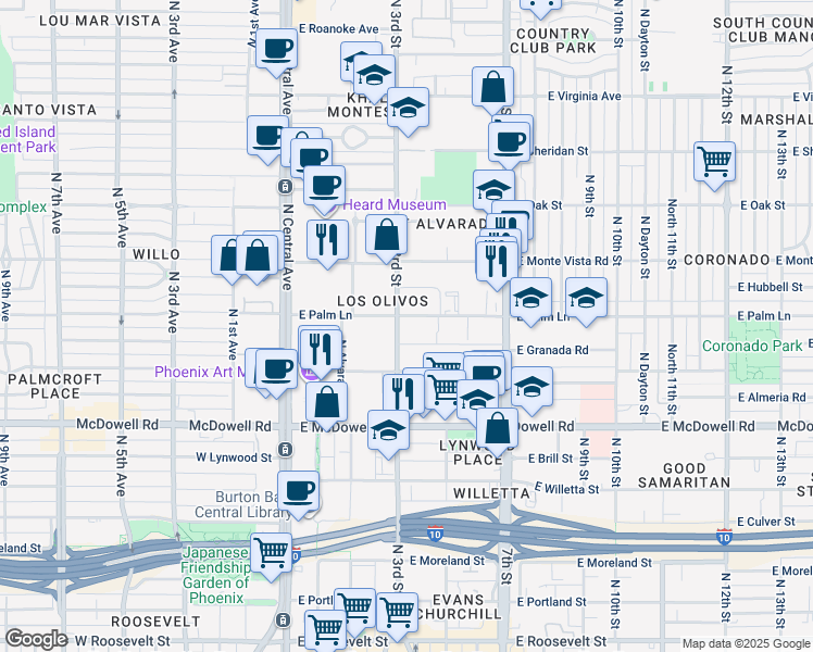 map of restaurants, bars, coffee shops, grocery stores, and more near in Phoenix