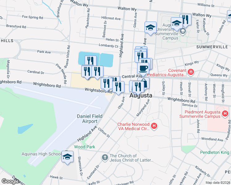 map of restaurants, bars, coffee shops, grocery stores, and more near 2802 Wrightsboro Rd in Augusta