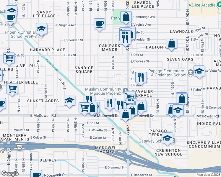 map of restaurants, bars, coffee shops, grocery stores, and more near 1919 North 31st Street in Phoenix