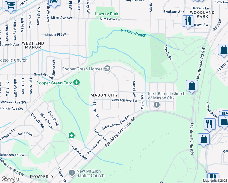 map of restaurants, bars, coffee shops, grocery stores, and more near Mayfield Avenue Southwest in Birmingham