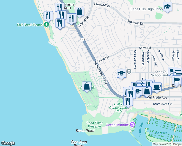map of restaurants, bars, coffee shops, grocery stores, and more near 34004 Selva Road in Dana Point
