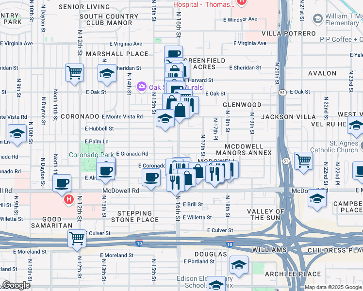 map of restaurants, bars, coffee shops, grocery stores, and more near 1618 East Palm Lane in Phoenix