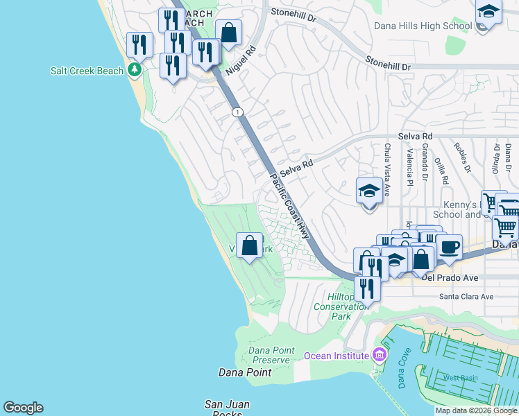 map of restaurants, bars, coffee shops, grocery stores, and more near 3 Chelsea Pointe in Dana Point