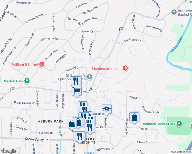 map of restaurants, bars, coffee shops, grocery stores, and more near 3251 Overton Road in Birmingham