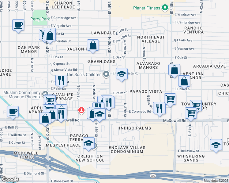 map of restaurants, bars, coffee shops, grocery stores, and more near 2013 North 36th Street in Phoenix
