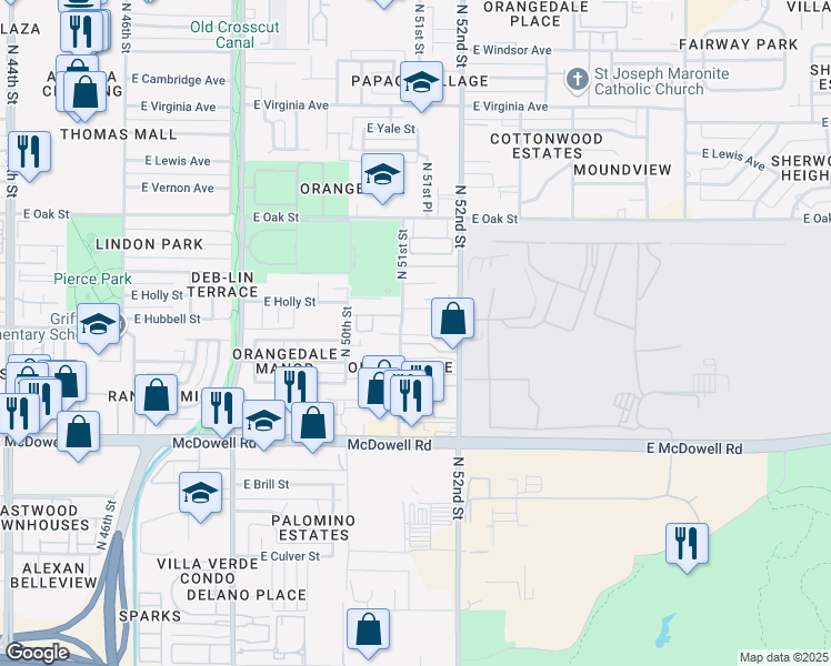map of restaurants, bars, coffee shops, grocery stores, and more near 2006 North 51st Street in Phoenix