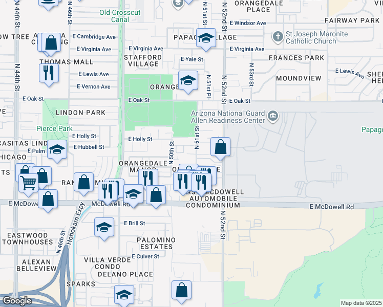 map of restaurants, bars, coffee shops, grocery stores, and more near 2006 North 51st Street in Phoenix