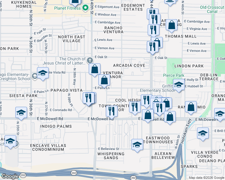 map of restaurants, bars, coffee shops, grocery stores, and more near 4102 East Palm Lane in Phoenix