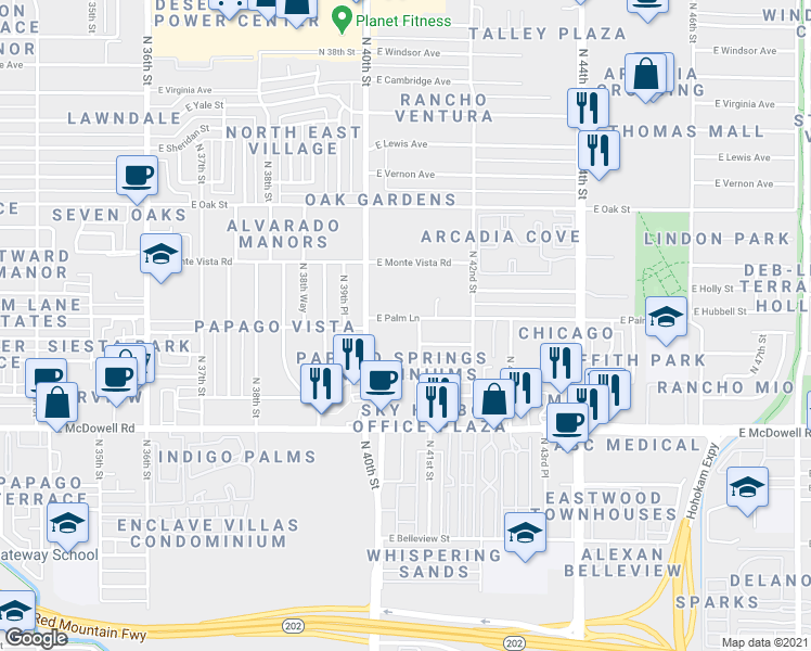 map of restaurants, bars, coffee shops, grocery stores, and more near 4018 East Palm Lane in Phoenix