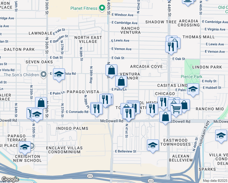 map of restaurants, bars, coffee shops, grocery stores, and more near 4018 East Palm Lane in Phoenix