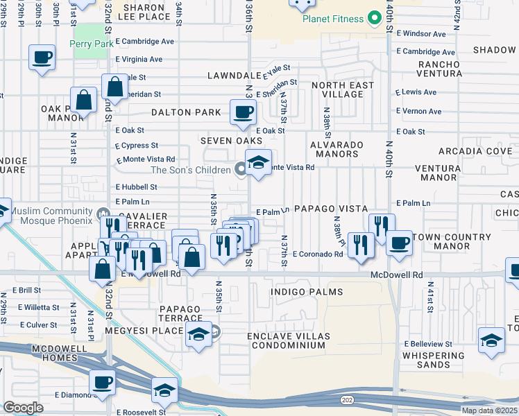 map of restaurants, bars, coffee shops, grocery stores, and more near 2013 North 36th Street in Phoenix
