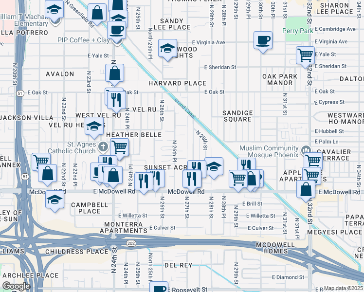map of restaurants, bars, coffee shops, grocery stores, and more near 2019 North 26th Place in Phoenix