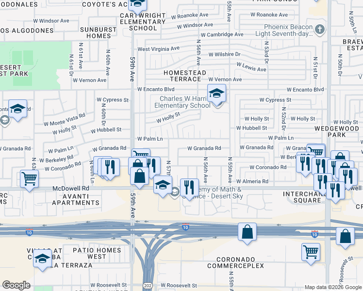 map of restaurants, bars, coffee shops, grocery stores, and more near 5643 West Palm Lane in Phoenix