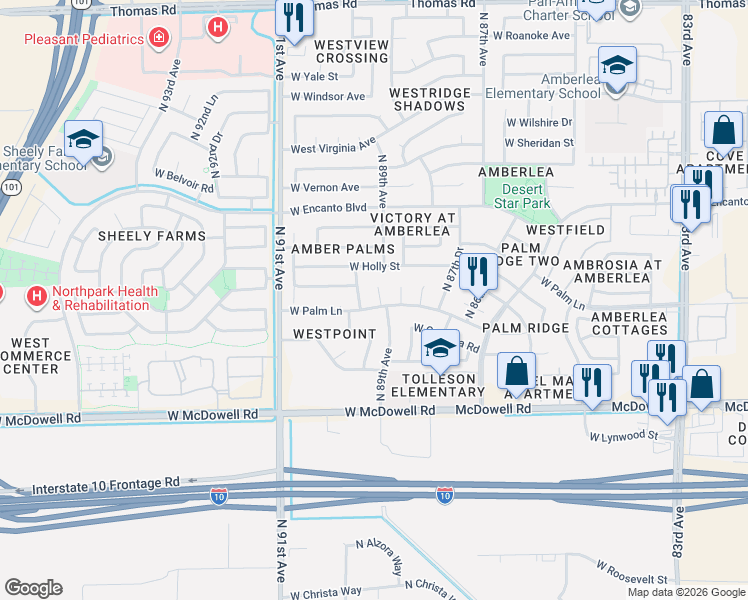 map of restaurants, bars, coffee shops, grocery stores, and more near 2017 North 89th Avenue in Phoenix