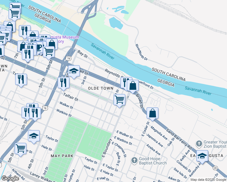 map of restaurants, bars, coffee shops, grocery stores, and more near 125 Ellis Street in Augusta