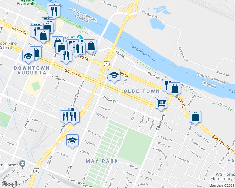 map of restaurants, bars, coffee shops, grocery stores, and more near 312 Greene Street in Augusta