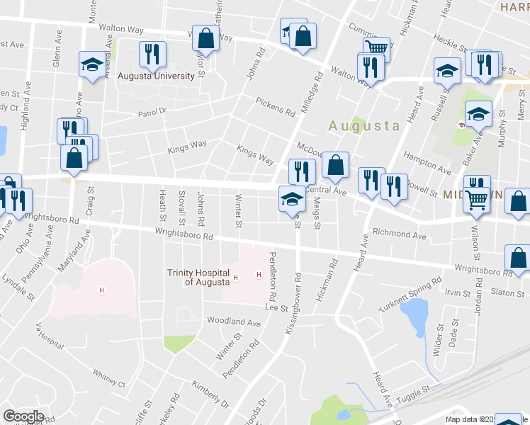 map of restaurants, bars, coffee shops, grocery stores, and more near 1321 Wingfield Street in Augusta