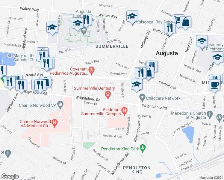 map of restaurants, bars, coffee shops, grocery stores, and more near 1321 Winter Street in Augusta