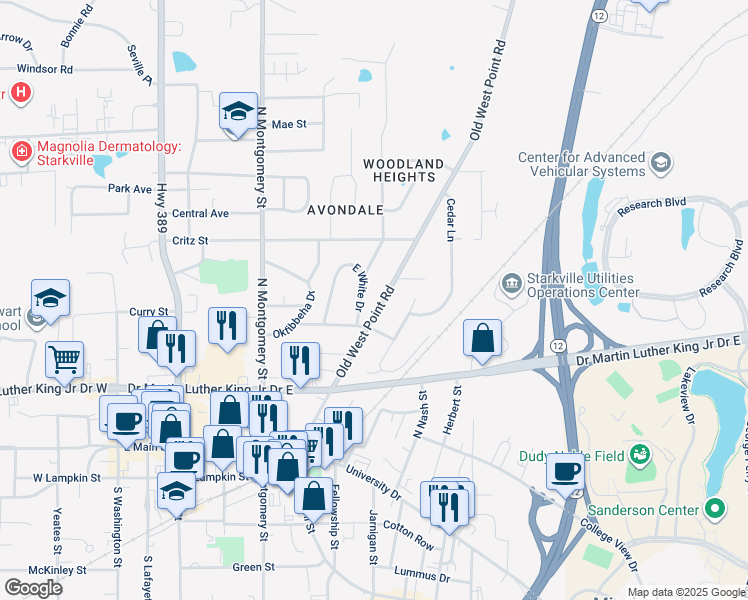 map of restaurants, bars, coffee shops, grocery stores, and more near 300-398 E White Dr in Starkville