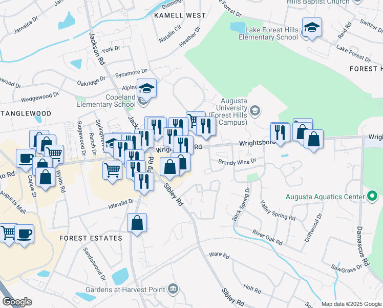 map of restaurants, bars, coffee shops, grocery stores, and more near 3216 Wrightsboro Road in Augusta