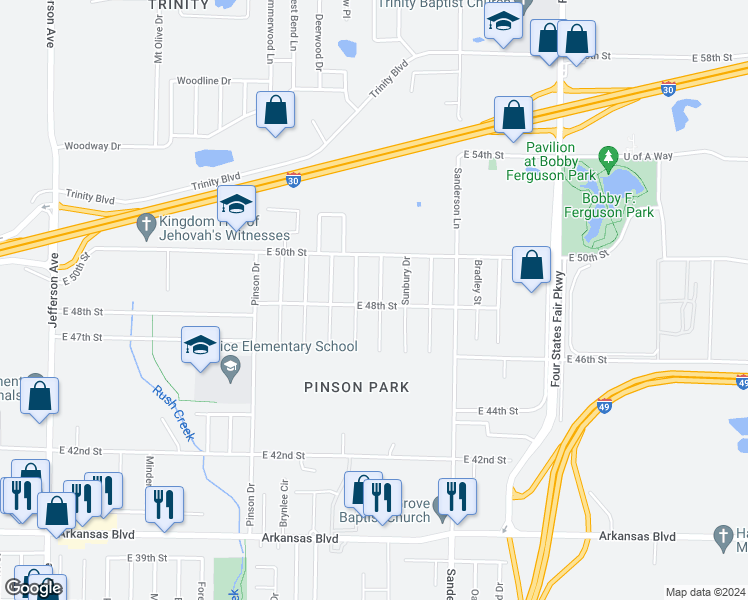 map of restaurants, bars, coffee shops, grocery stores, and more near 4801 Parkland Drive in Texarkana