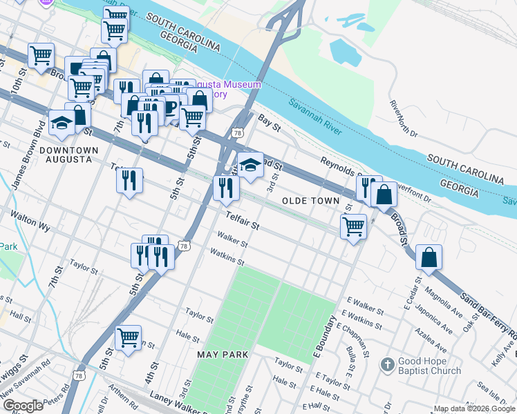 map of restaurants, bars, coffee shops, grocery stores, and more near 312 Greene Street in Augusta