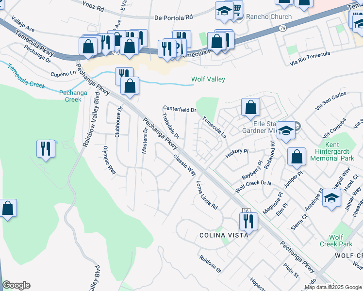 map of restaurants, bars, coffee shops, grocery stores, and more near 44975 Trotsdale Drive in Temecula