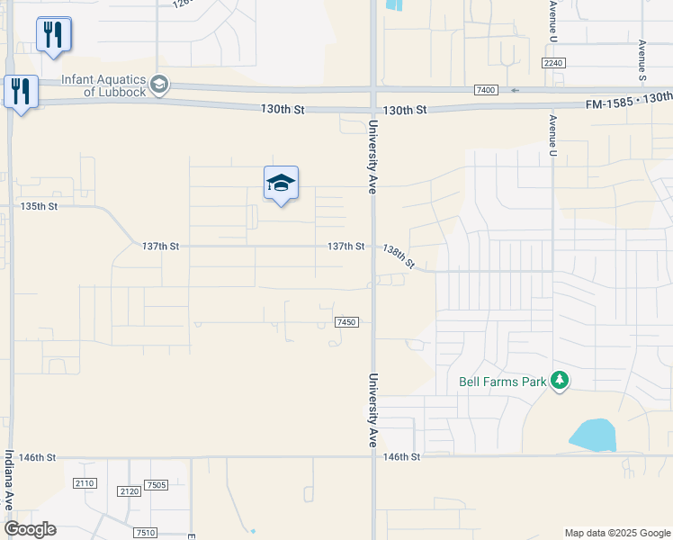 map of restaurants, bars, coffee shops, grocery stores, and more near 13000-13998 University Avenue in Lubbock
