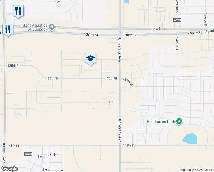 map of restaurants, bars, coffee shops, grocery stores, and more near 13000-13998 University Avenue in Lubbock