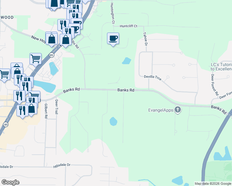 map of restaurants, bars, coffee shops, grocery stores, and more near 309 Banks Road in Fayetteville